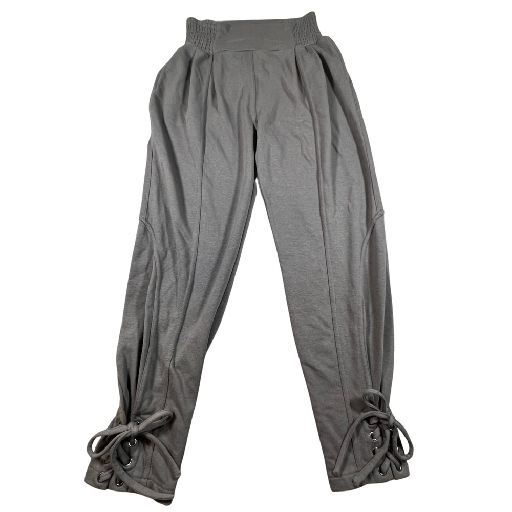Blu Pepper Taupe Ankle Tie Sweatpants Smocked Stretchy High Waist Joggers Medium